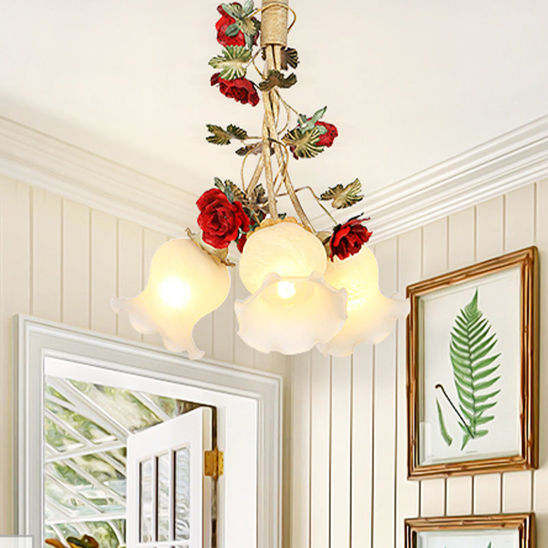 Cream Glass Coffee Drop Lamp Blossom 3/5 Bulbs Pastoral Pendant Chandelier for Dining Room Clearhalo 'Ceiling Lights' 'Chandeliers' Lighting' options 729426