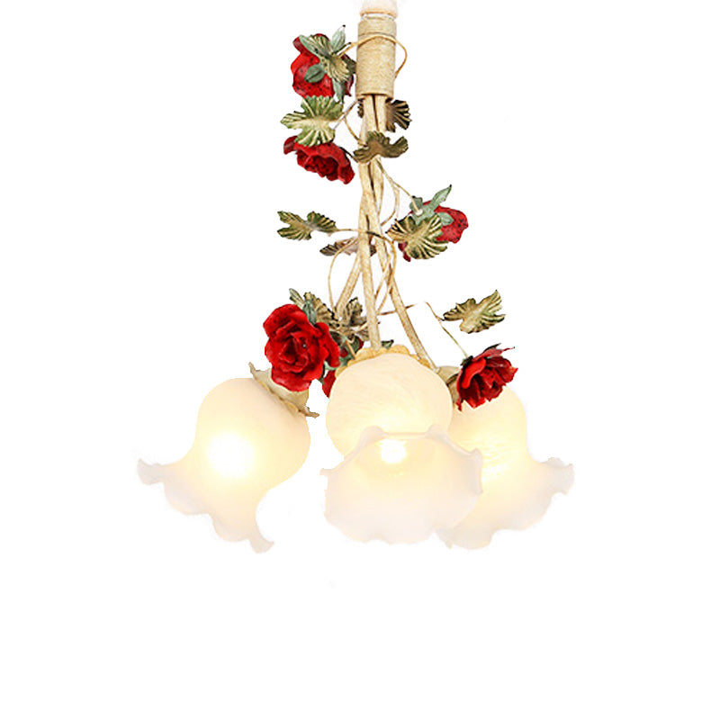 Cream Glass Coffee Drop Lamp Blossom 3/5 Bulbs Pastoral Pendant Chandelier for Dining Room Clearhalo 'Ceiling Lights' 'Chandeliers' Lighting' options 729427