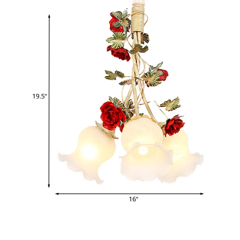 Cream Glass Coffee Drop Lamp Blossom 3/5 Bulbs Pastoral Pendant Chandelier for Dining Room Clearhalo 'Ceiling Lights' 'Chandeliers' Lighting' options 729428