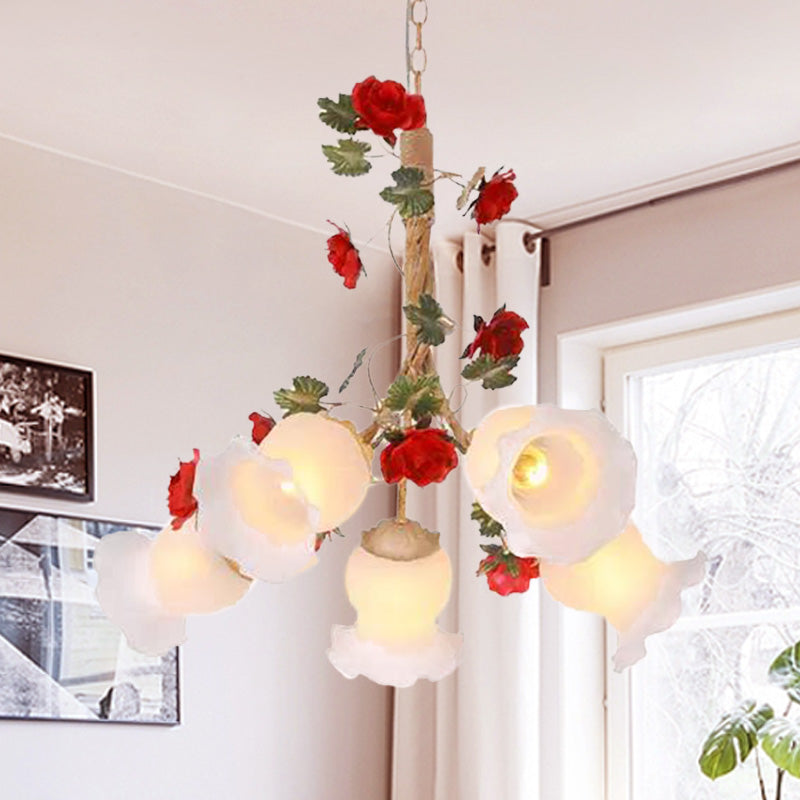 Cream Glass Coffee Drop Lamp Blossom 3/5 Bulbs Pastoral Pendant Chandelier for Dining Room Clearhalo 'Ceiling Lights' 'Chandeliers' Lighting' options 729429