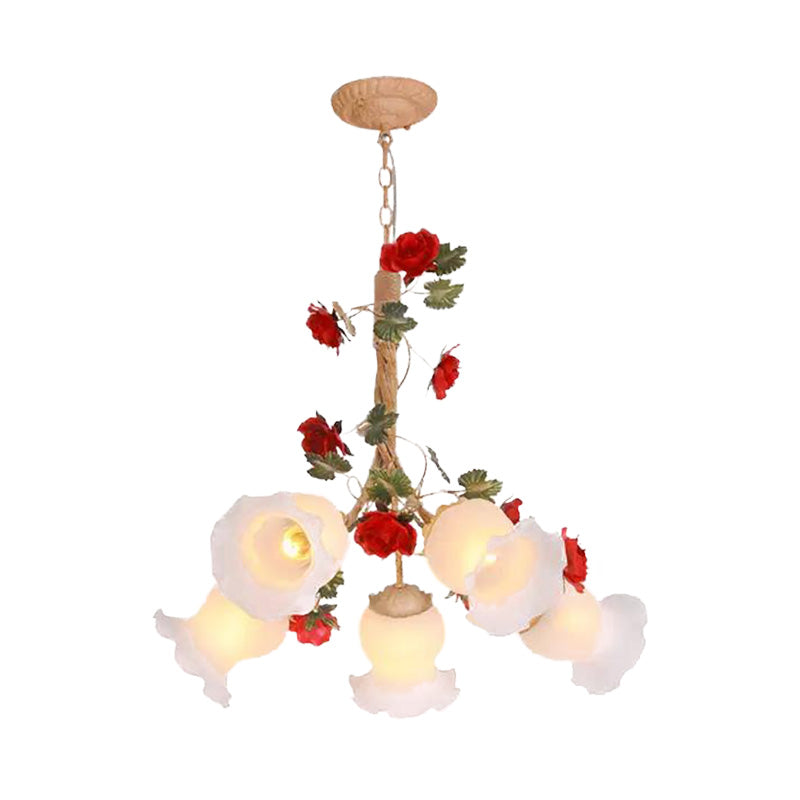 Cream Glass Coffee Drop Lamp Blossom 3/5 Bulbs Pastoral Pendant Chandelier for Dining Room Clearhalo 'Ceiling Lights' 'Chandeliers' Lighting' options 729432