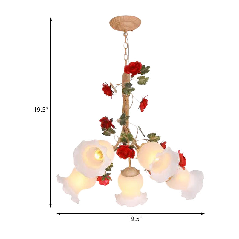 Cream Glass Coffee Drop Lamp Blossom 3/5 Bulbs Pastoral Pendant Chandelier for Dining Room Clearhalo 'Ceiling Lights' 'Chandeliers' Lighting' options 729433