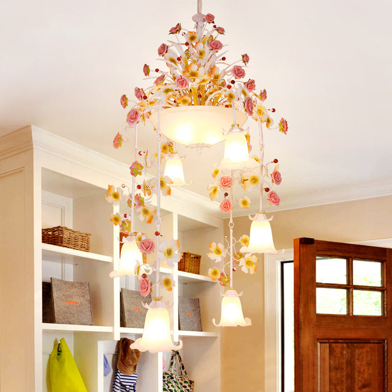 Korean Flower Draped Ceiling Pendant 10 Heads White Glass Chandelier Lighting Fixture for Living Room Clearhalo 'Ceiling Lights' 'Chandeliers' Lighting' options 729434