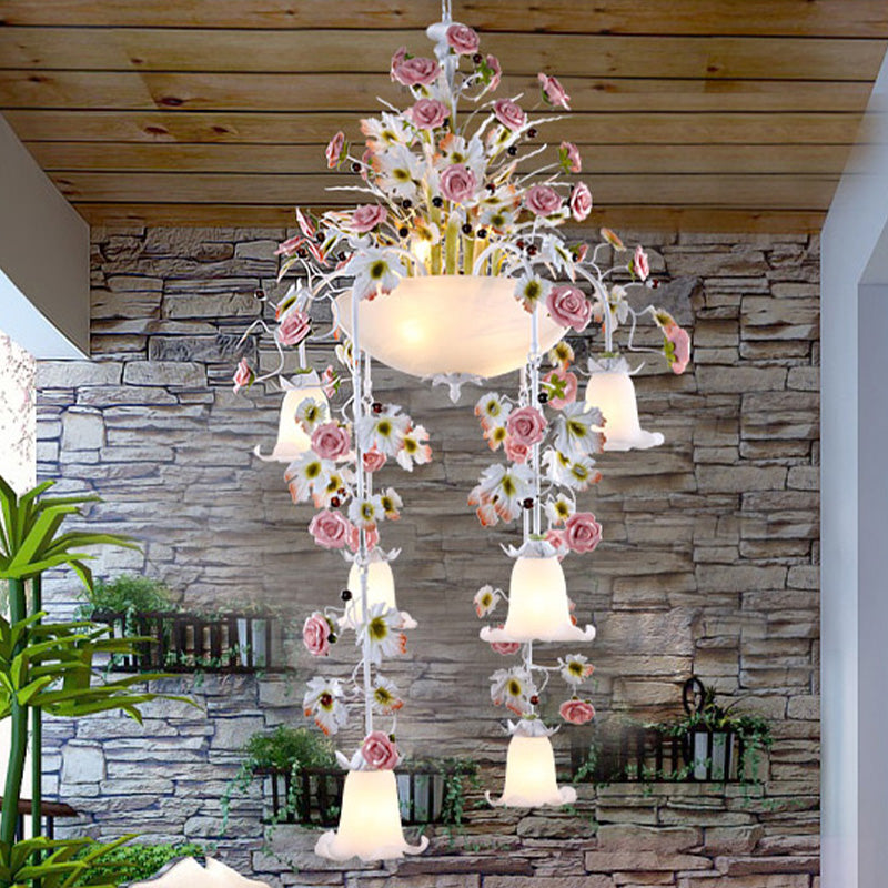 Korean Flower Draped Ceiling Pendant 10 Heads White Glass Chandelier Lighting Fixture for Living Room Clearhalo 'Ceiling Lights' 'Chandeliers' Lighting' options 729436