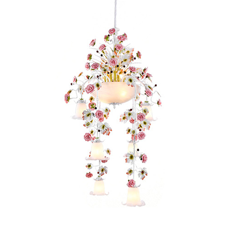 Korean Flower Draped Ceiling Pendant 10 Heads White Glass Chandelier Lighting Fixture for Living Room Clearhalo 'Ceiling Lights' 'Chandeliers' Lighting' options 729437