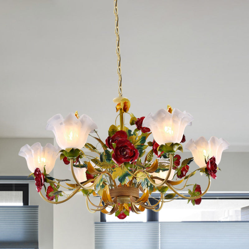 6/8 Heads Ceiling Hang Fixture Countryside Bloom Ivory Glass Pendant Chandelier in Light Tan Clearhalo 'Ceiling Lights' 'Chandeliers' Lighting' options 729439