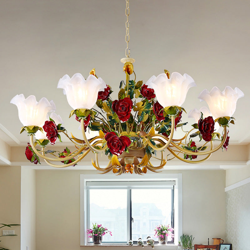 6/8 Heads Ceiling Hang Fixture Countryside Bloom Ivory Glass Pendant Chandelier in Light Tan Clearhalo 'Ceiling Lights' 'Chandeliers' Lighting' options 729444