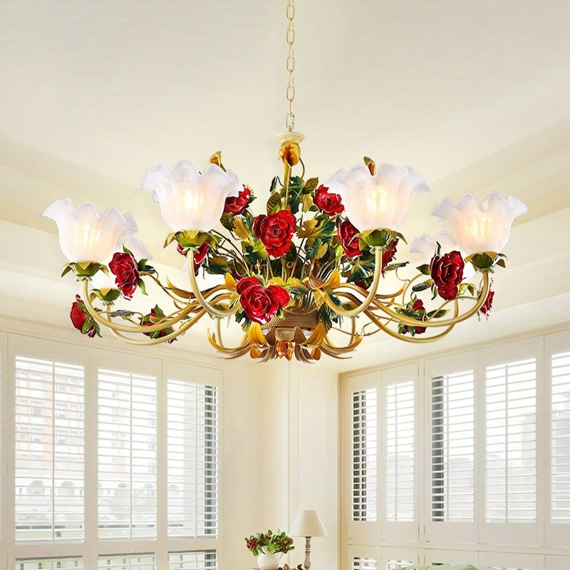 6/8 Heads Ceiling Hang Fixture Countryside Bloom Ivory Glass Pendant Chandelier in Light Tan Clearhalo 'Ceiling Lights' 'Chandeliers' Lighting' options 729445