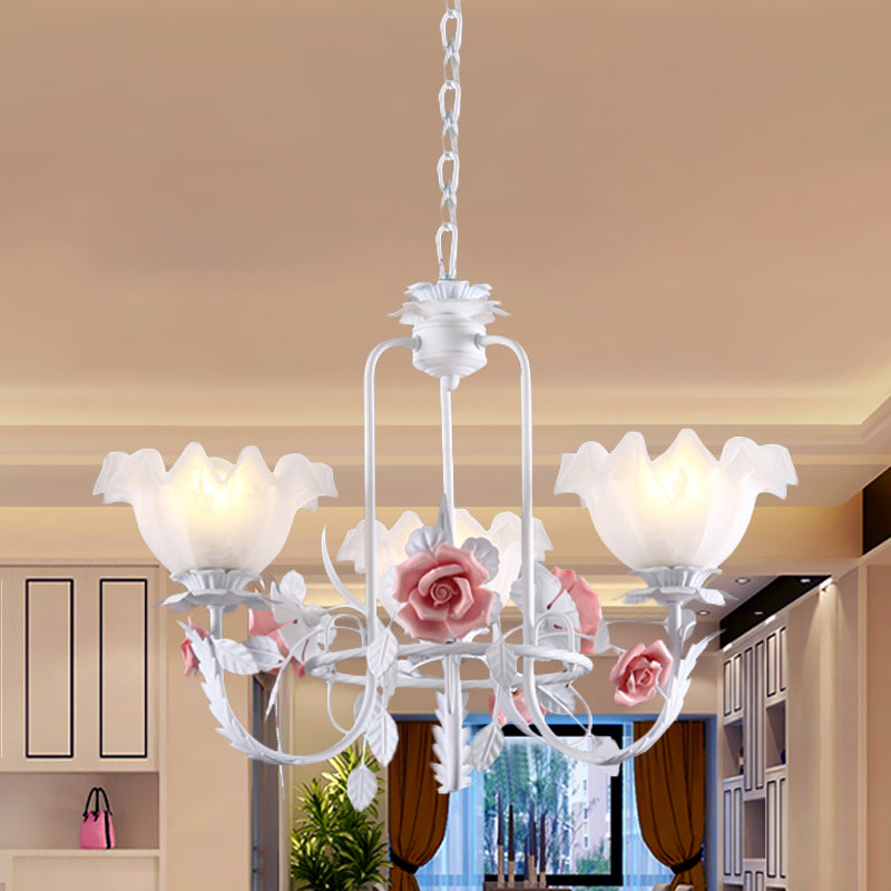 Pink Scalloped Suspension Pendant Light Countryside White Glass 3 Lights Dining Room Chandelier Clearhalo 'Ceiling Lights' 'Chandeliers' Lighting' options 729449