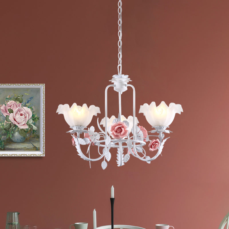 Pink Scalloped Suspension Pendant Light Countryside White Glass 3 Lights Dining Room Chandelier Clearhalo 'Ceiling Lights' 'Chandeliers' Lighting' options 729450