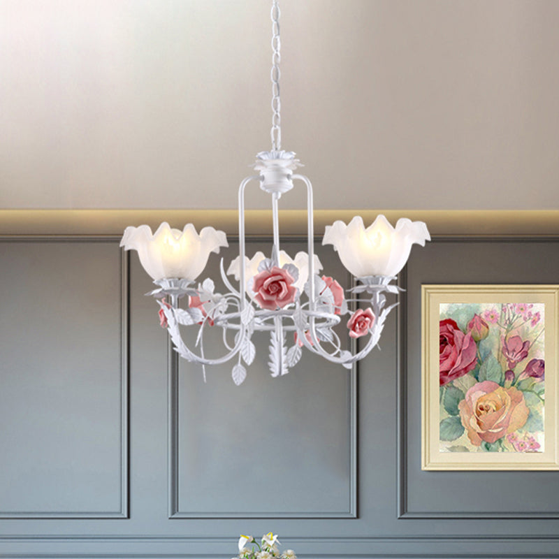 Pink Scalloped Suspension Pendant Light Countryside White Glass 3 Lights Dining Room Chandelier Clearhalo 'Ceiling Lights' 'Chandeliers' Lighting' options 729451