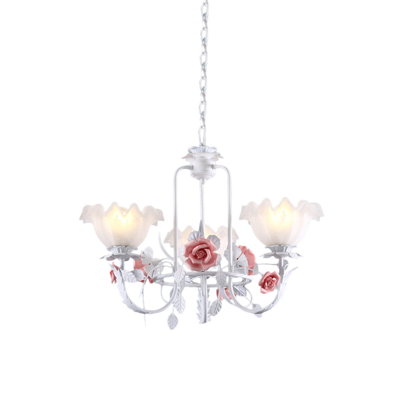 Pink Scalloped Suspension Pendant Light Countryside White Glass 3 Lights Dining Room Chandelier Clearhalo 'Ceiling Lights' 'Chandeliers' Lighting' options 729452