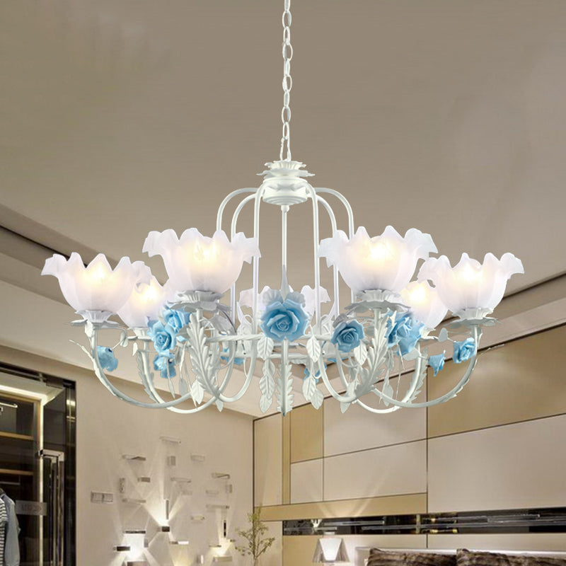 Blue Rose Hanging Pendant Korean Garden White Glass 7 Bulbs Living Room Ceiling Chandelier Clearhalo 'Ceiling Lights' 'Chandeliers' Lighting' options 729454