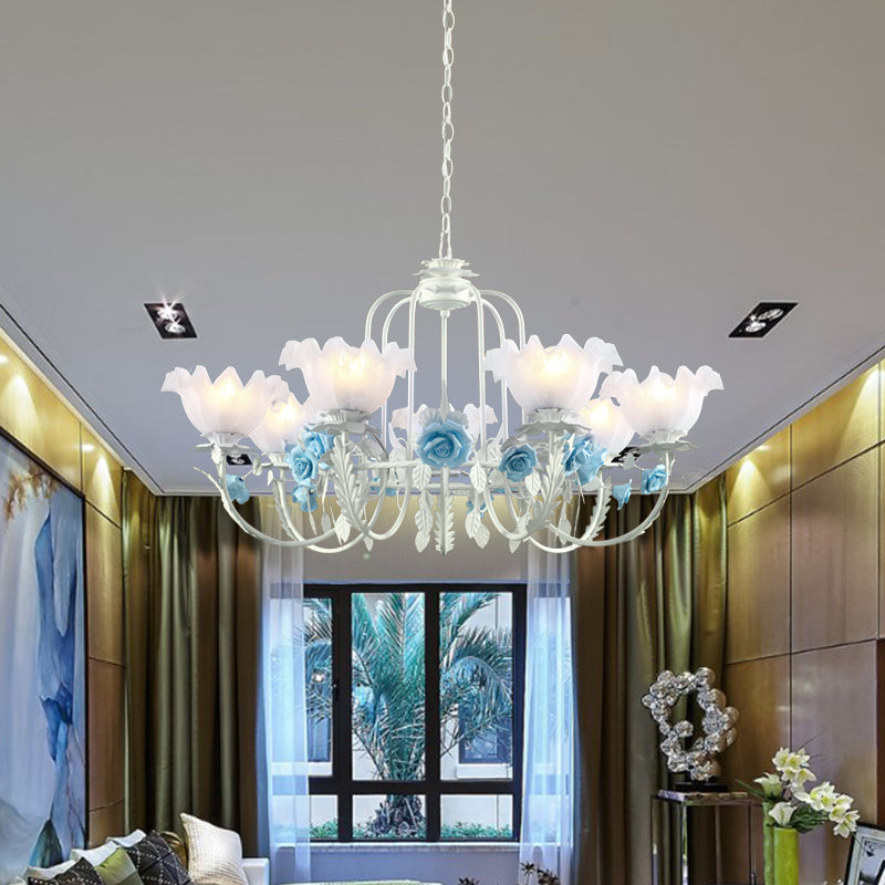 Blue Rose Hanging Pendant Korean Garden White Glass 7 Bulbs Living Room Ceiling Chandelier Clearhalo 'Ceiling Lights' 'Chandeliers' Lighting' options 729455