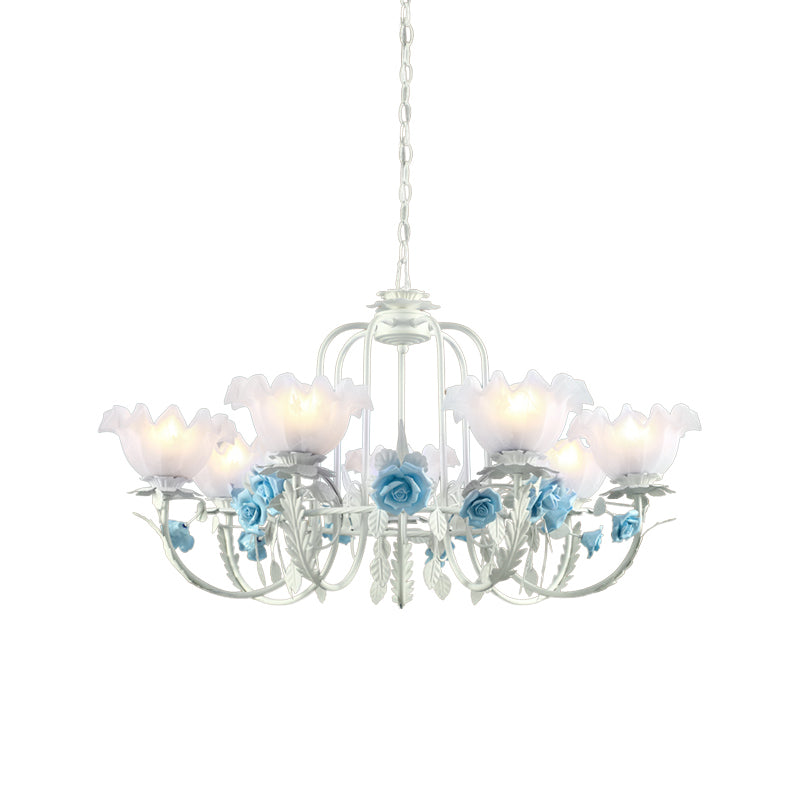 Blue Rose Hanging Pendant Korean Garden White Glass 7 Bulbs Living Room Ceiling Chandelier Clearhalo 'Ceiling Lights' 'Chandeliers' Lighting' options 729457