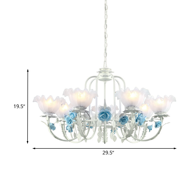 Blue Rose Hanging Pendant Korean Garden White Glass 7 Bulbs Living Room Ceiling Chandelier Clearhalo 'Ceiling Lights' 'Chandeliers' Lighting' options 729458