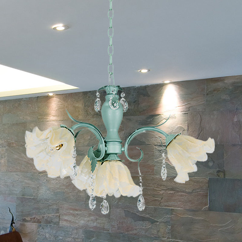 Ivory Glass Blue Pendant Lighting Scalloped 4/7/9 Heads Korean Flower Chandelier with Crystal Drop Clearhalo 'Ceiling Lights' 'Chandeliers' Lighting' options 729459