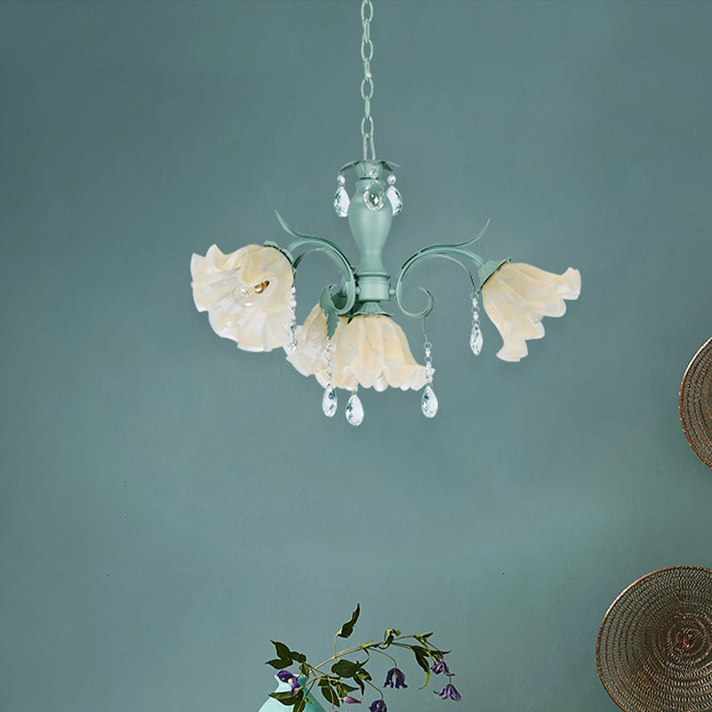 Ivory Glass Blue Pendant Lighting Scalloped 4/7/9 Heads Korean Flower Chandelier with Crystal Drop Clearhalo 'Ceiling Lights' 'Chandeliers' Lighting' options 729461