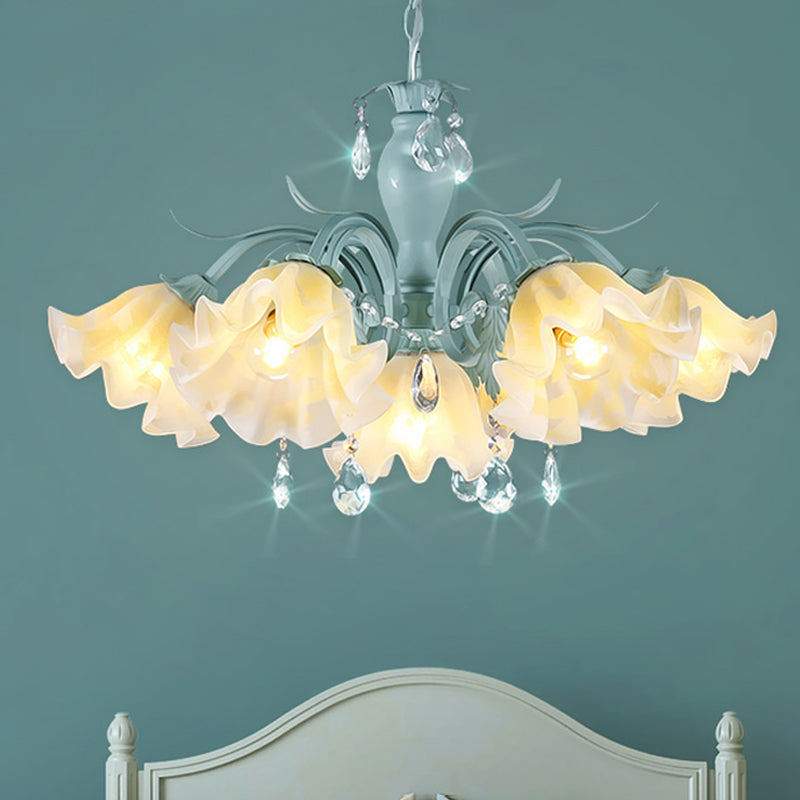 Ivory Glass Blue Pendant Lighting Scalloped 4/7/9 Heads Korean Flower Chandelier with Crystal Drop Clearhalo 'Ceiling Lights' 'Chandeliers' Lighting' options 729464