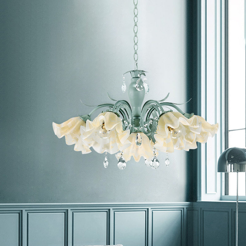 Ivory Glass Blue Pendant Lighting Scalloped 4/7/9 Heads Korean Flower Chandelier with Crystal Drop Clearhalo 'Ceiling Lights' 'Chandeliers' Lighting' options 729465