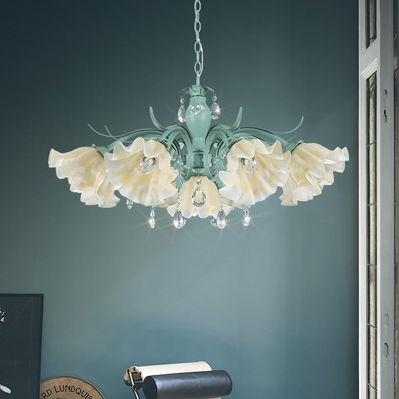 Ivory Glass Blue Pendant Lighting Scalloped 4/7/9 Heads Korean Flower Chandelier with Crystal Drop Clearhalo 'Ceiling Lights' 'Chandeliers' Lighting' options 729466