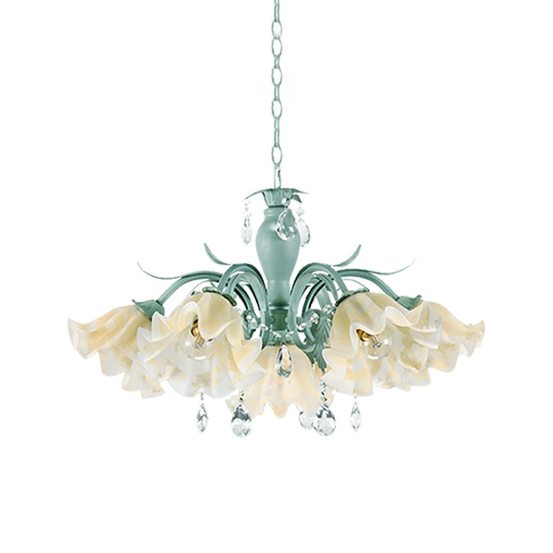 Ivory Glass Blue Pendant Lighting Scalloped 4/7/9 Heads Korean Flower Chandelier with Crystal Drop Clearhalo 'Ceiling Lights' 'Chandeliers' Lighting' options 729467