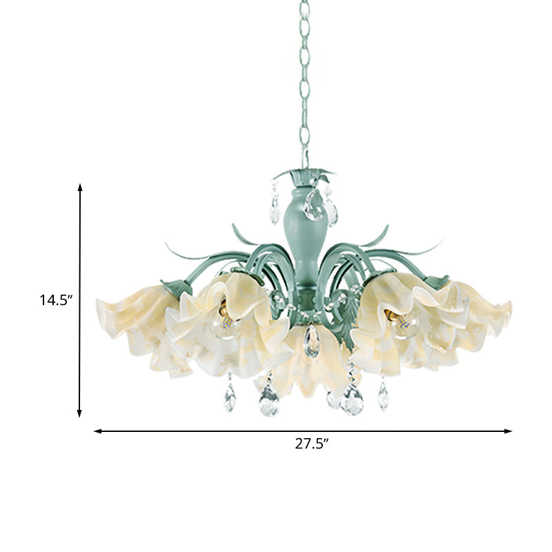 Ivory Glass Blue Pendant Lighting Scalloped 4/7/9 Heads Korean Flower Chandelier with Crystal Drop Clearhalo 'Ceiling Lights' 'Chandeliers' Lighting' options 729468