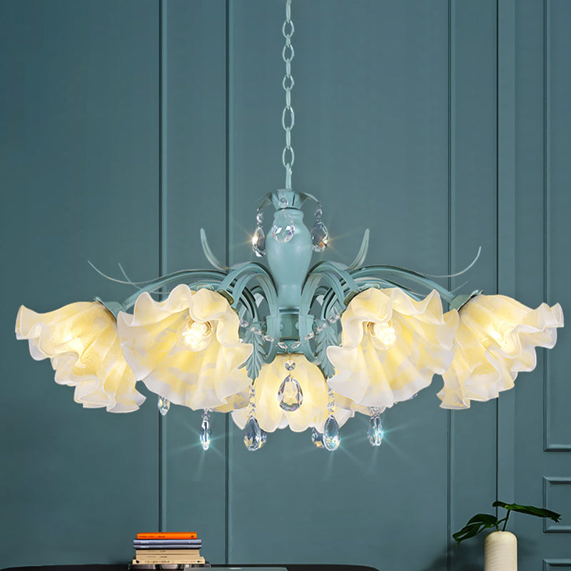 Ivory Glass Blue Pendant Lighting Scalloped 4/7/9 Heads Korean Flower Chandelier with Crystal Drop Clearhalo 'Ceiling Lights' 'Chandeliers' Lighting' options 729469