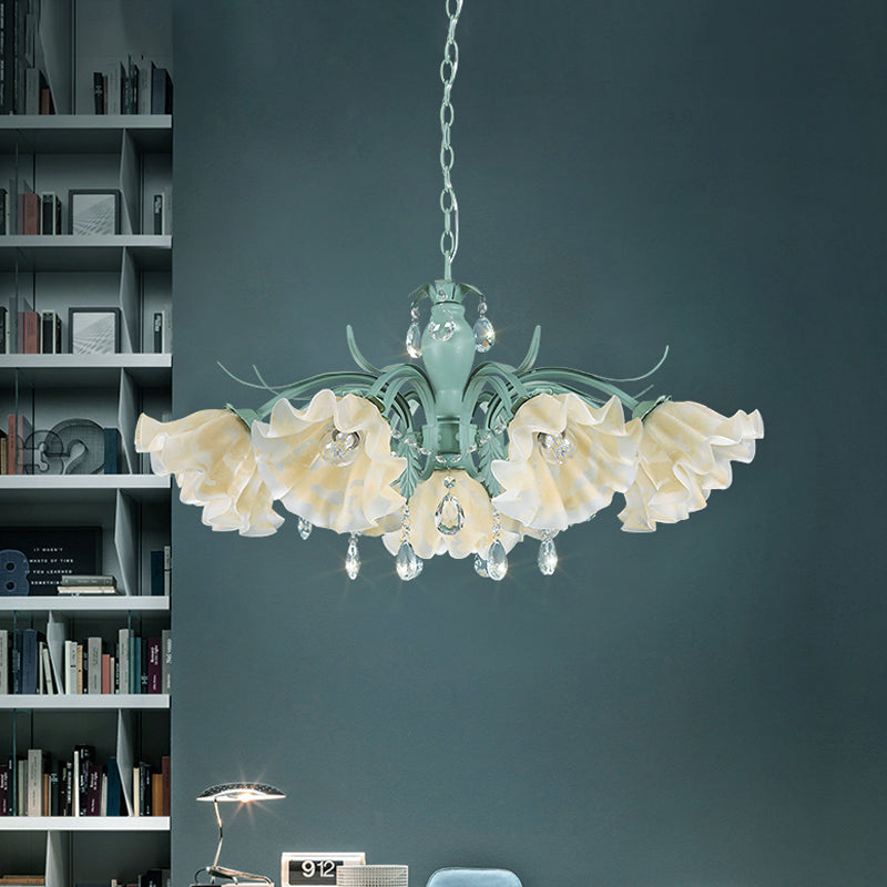 Ivory Glass Blue Pendant Lighting Scalloped 4/7/9 Heads Korean Flower Chandelier with Crystal Drop Clearhalo 'Ceiling Lights' 'Chandeliers' Lighting' options 729470