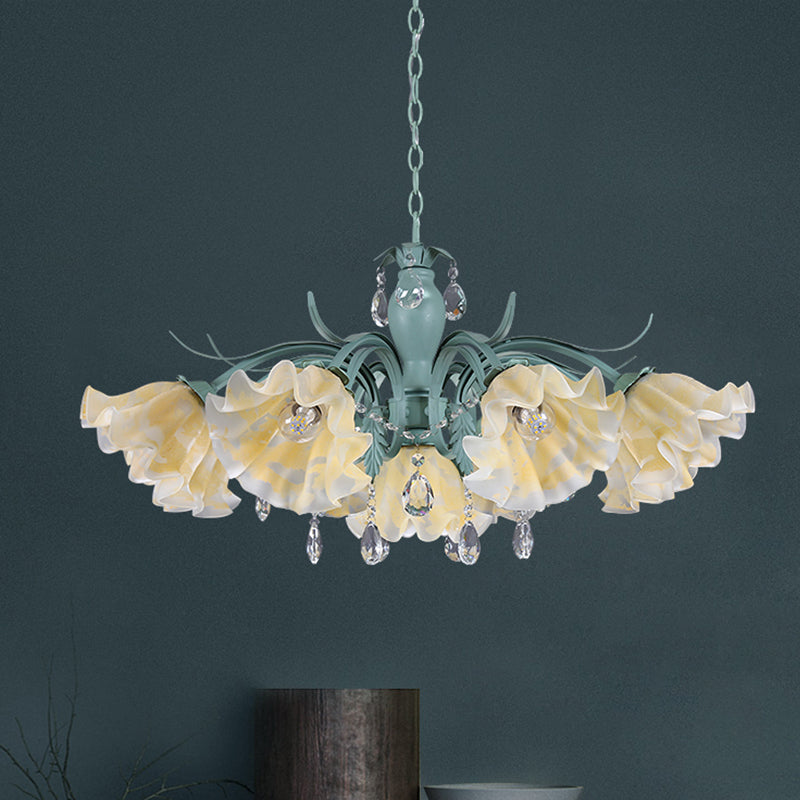 Ivory Glass Blue Pendant Lighting Scalloped 4/7/9 Heads Korean Flower Chandelier with Crystal Drop Clearhalo 'Ceiling Lights' 'Chandeliers' Lighting' options 729471