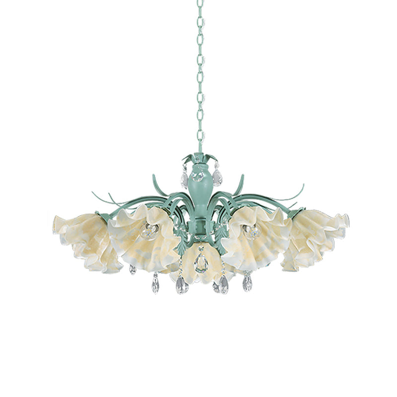 Ivory Glass Blue Pendant Lighting Scalloped 4/7/9 Heads Korean Flower Chandelier with Crystal Drop Clearhalo 'Ceiling Lights' 'Chandeliers' Lighting' options 729472