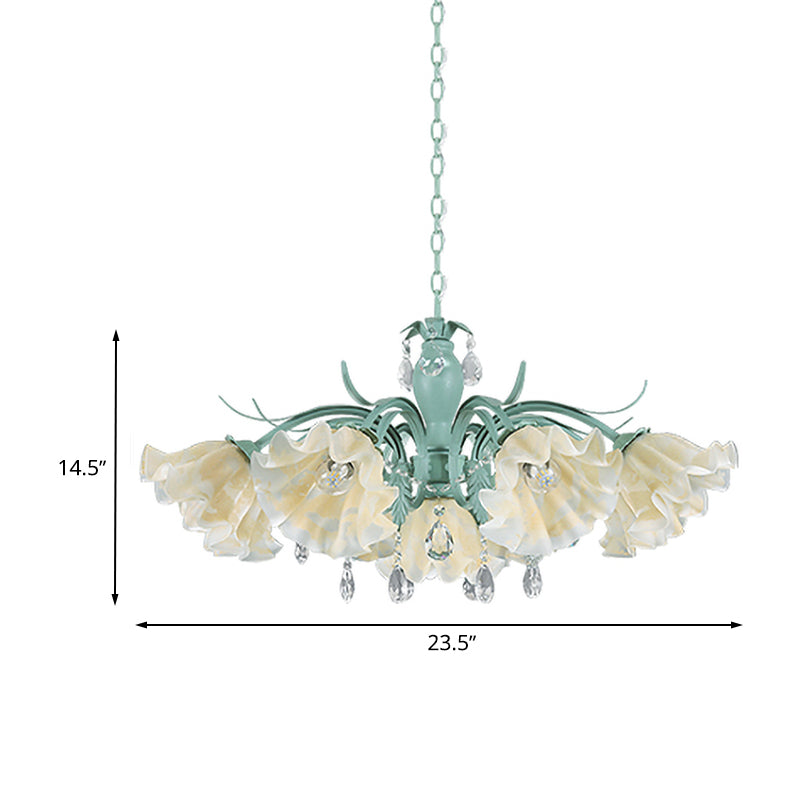 Ivory Glass Blue Pendant Lighting Scalloped 4/7/9 Heads Korean Flower Chandelier with Crystal Drop Clearhalo 'Ceiling Lights' 'Chandeliers' Lighting' options 729473