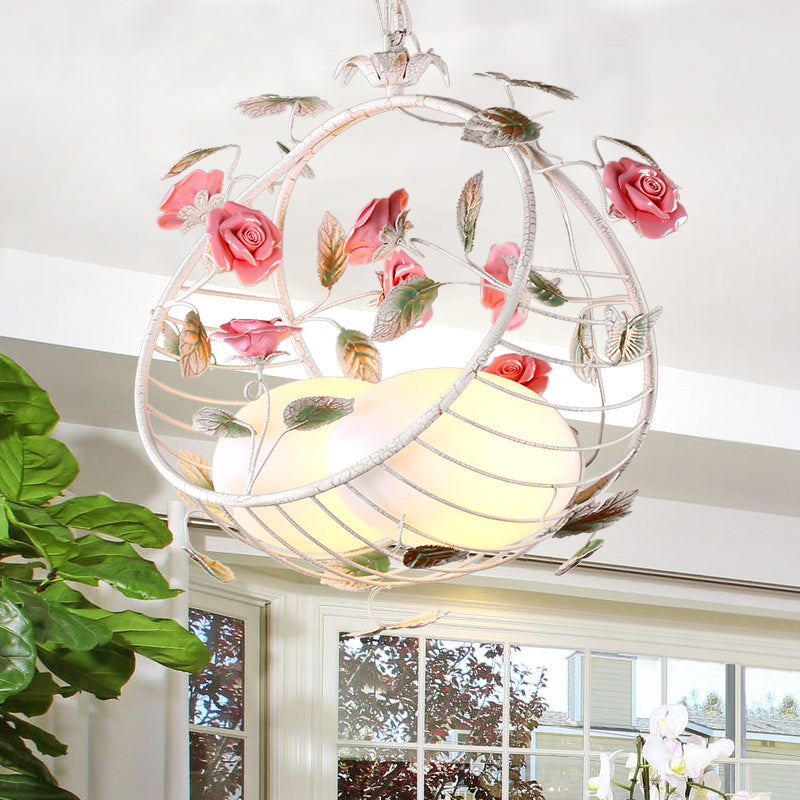 2 Lights Hanging Pendant Lamp Pastoral Living Room Chandelier with Bird Egg White Glass Shade Clearhalo 'Ceiling Lights' 'Chandeliers' Lighting' options 729474