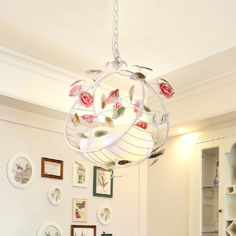 2 Lights Hanging Pendant Lamp Pastoral Living Room Chandelier with Bird Egg White Glass Shade Clearhalo 'Ceiling Lights' 'Chandeliers' Lighting' options 729475