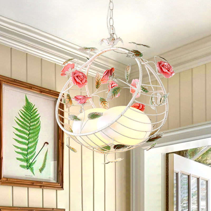 2 Lights Hanging Pendant Lamp Pastoral Living Room Chandelier with Bird Egg White Glass Shade Clearhalo 'Ceiling Lights' 'Chandeliers' Lighting' options 729476