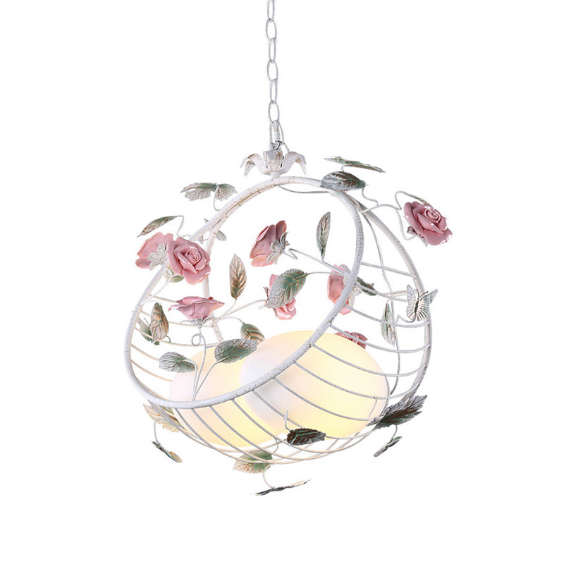 2 Lights Hanging Pendant Lamp Pastoral Living Room Chandelier with Bird Egg White Glass Shade Clearhalo 'Ceiling Lights' 'Chandeliers' Lighting' options 729477