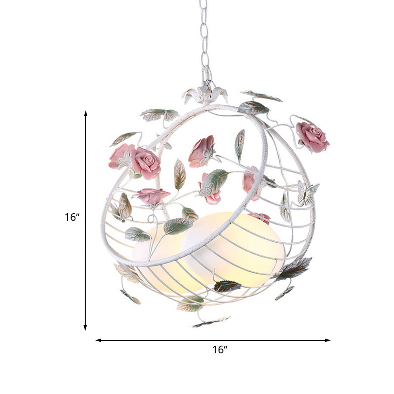 2 Lights Hanging Pendant Lamp Pastoral Living Room Chandelier with Bird Egg White Glass Shade Clearhalo 'Ceiling Lights' 'Chandeliers' Lighting' options 729478