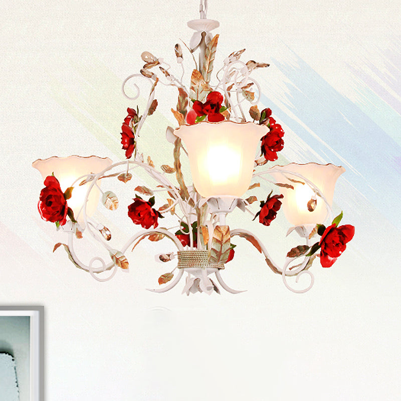 Red Rose Pendant Ceiling Light Pastoral Style White Glass 3/5/8 Heads Living Room Chandelier Lamp Clearhalo 'Ceiling Lights' 'Chandeliers' Lighting' options 729479