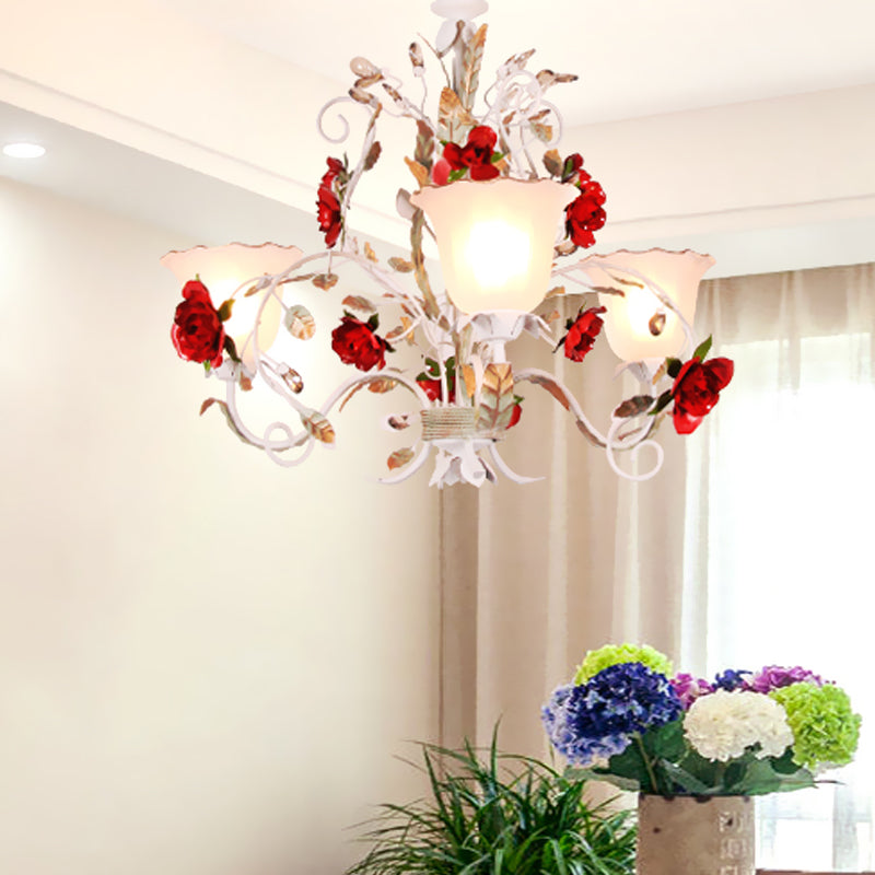 Red Rose Pendant Ceiling Light Pastoral Style White Glass 3/5/8 Heads Living Room Chandelier Lamp Clearhalo 'Ceiling Lights' 'Chandeliers' Lighting' options 729480