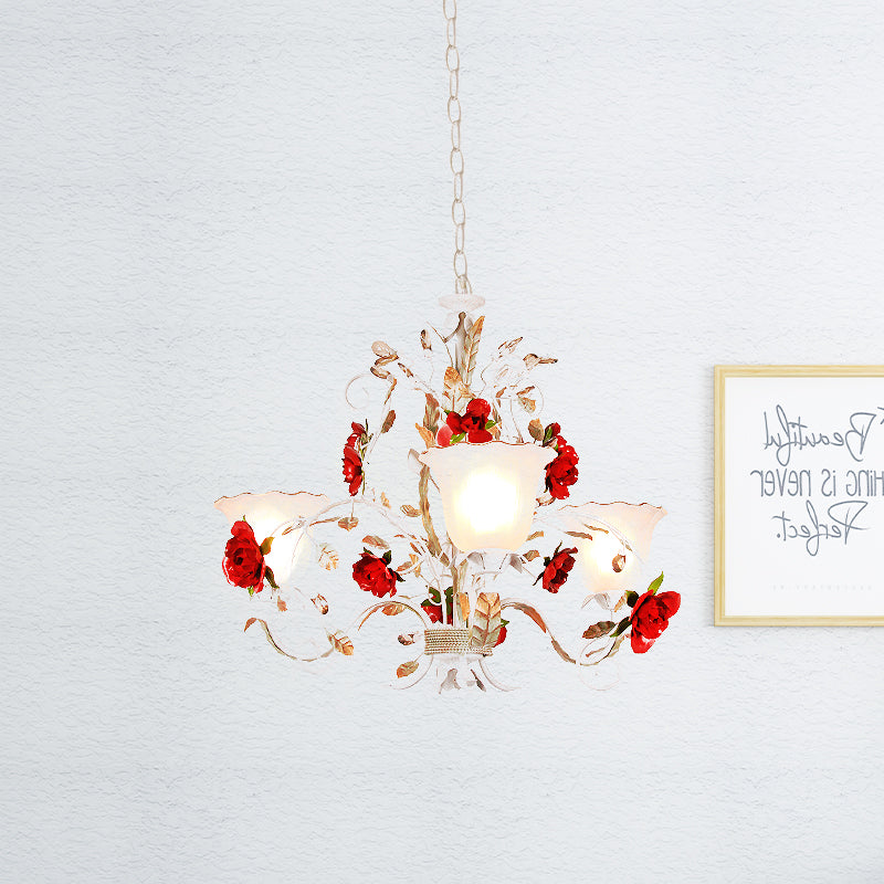 Red Rose Pendant Ceiling Light Pastoral Style White Glass 3/5/8 Heads Living Room Chandelier Lamp Clearhalo 'Ceiling Lights' 'Chandeliers' Lighting' options 729481