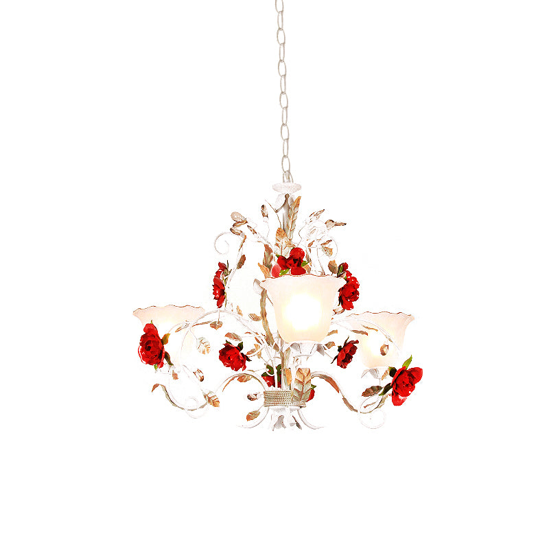 Red Rose Pendant Ceiling Light Pastoral Style White Glass 3/5/8 Heads Living Room Chandelier Lamp Clearhalo 'Ceiling Lights' 'Chandeliers' Lighting' options 729482