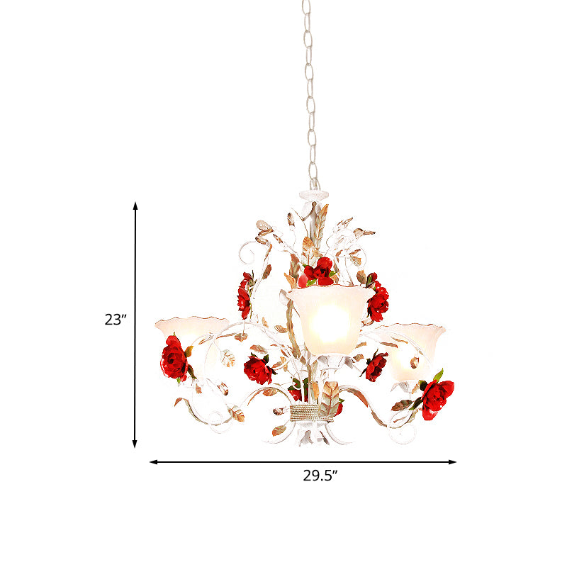 Red Rose Pendant Ceiling Light Pastoral Style White Glass 3/5/8 Heads Living Room Chandelier Lamp Clearhalo 'Ceiling Lights' 'Chandeliers' Lighting' options 729483