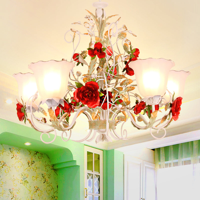 Red Rose Pendant Ceiling Light Pastoral Style White Glass 3/5/8 Heads Living Room Chandelier Lamp Clearhalo 'Ceiling Lights' 'Chandeliers' Lighting' options 729484