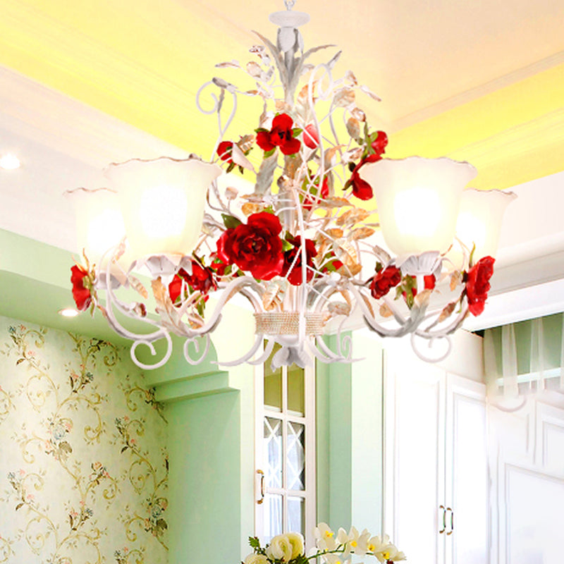 Red Rose Pendant Ceiling Light Pastoral Style White Glass 3/5/8 Heads Living Room Chandelier Lamp Clearhalo 'Ceiling Lights' 'Chandeliers' Lighting' options 729485