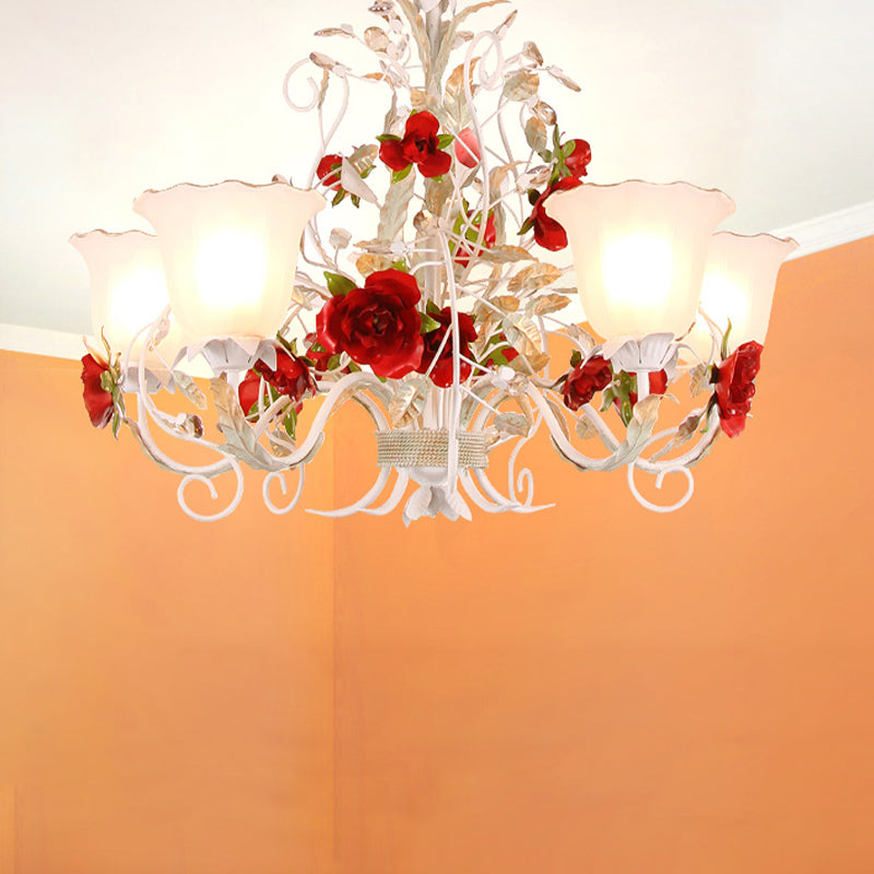 Red Rose Pendant Ceiling Light Pastoral Style White Glass 3/5/8 Heads Living Room Chandelier Lamp Clearhalo 'Ceiling Lights' 'Chandeliers' Lighting' options 729486