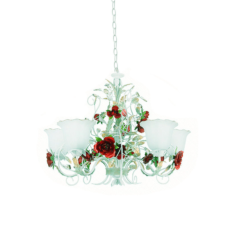 Red Rose Pendant Ceiling Light Pastoral Style White Glass 3/5/8 Heads Living Room Chandelier Lamp Clearhalo 'Ceiling Lights' 'Chandeliers' Lighting' options 729487