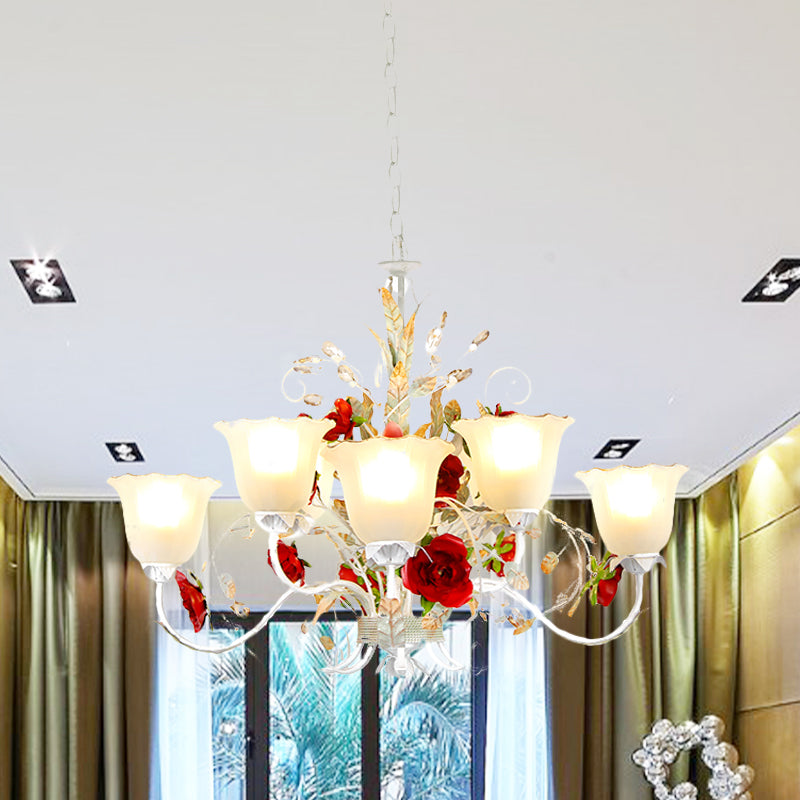 Red Rose Pendant Ceiling Light Pastoral Style White Glass 3/5/8 Heads Living Room Chandelier Lamp 8 White Clearhalo 'Ceiling Lights' 'Chandeliers' Lighting' options 729489_973cd04c-5c3c-4c4d-ba95-56d84d66807f