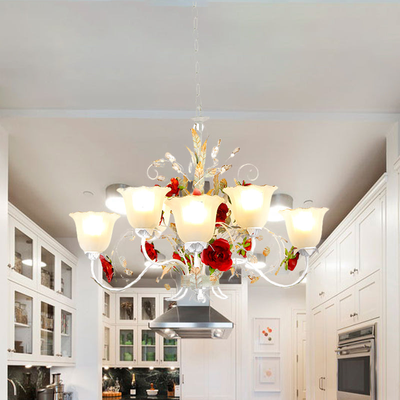 Red Rose Pendant Ceiling Light Pastoral Style White Glass 3/5/8 Heads Living Room Chandelier Lamp Clearhalo 'Ceiling Lights' 'Chandeliers' Lighting' options 729490