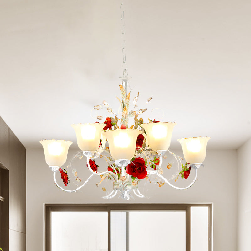 Red Rose Pendant Ceiling Light Pastoral Style White Glass 3/5/8 Heads Living Room Chandelier Lamp Clearhalo 'Ceiling Lights' 'Chandeliers' Lighting' options 729491