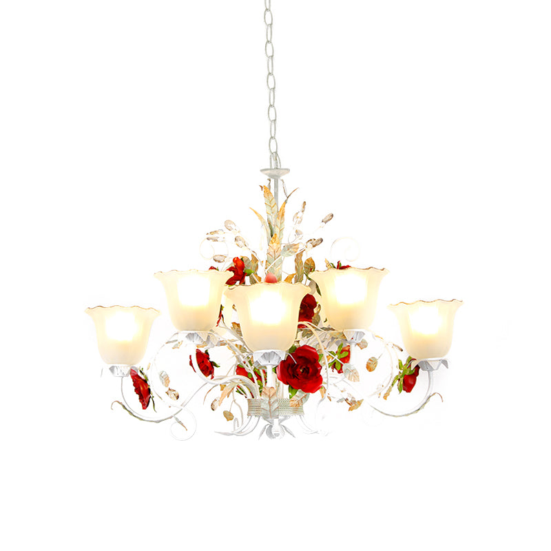 Red Rose Pendant Ceiling Light Pastoral Style White Glass 3/5/8 Heads Living Room Chandelier Lamp Clearhalo 'Ceiling Lights' 'Chandeliers' Lighting' options 729492